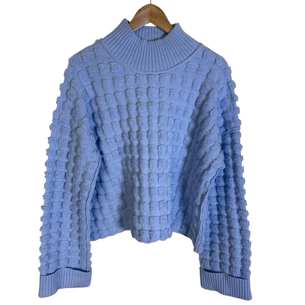 Entro Popcorn Knit Sweater Women Medium Blue Excellent Mock Neck Bubble Texture